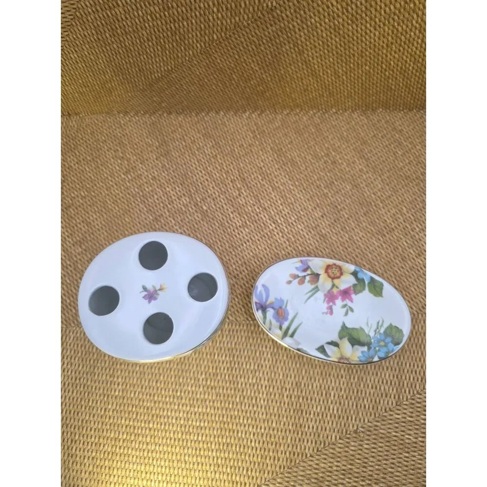 Baum Bros Porcelain Toothbrush Holder & Soap Dish‎ Floral Design Bathroom Decor